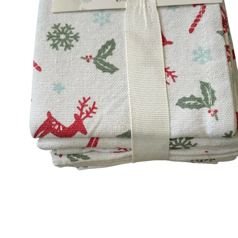 Shabby Chic Christmas Dinner Napkins Set of 6 Reindeer Candy Cane Holly 18x18